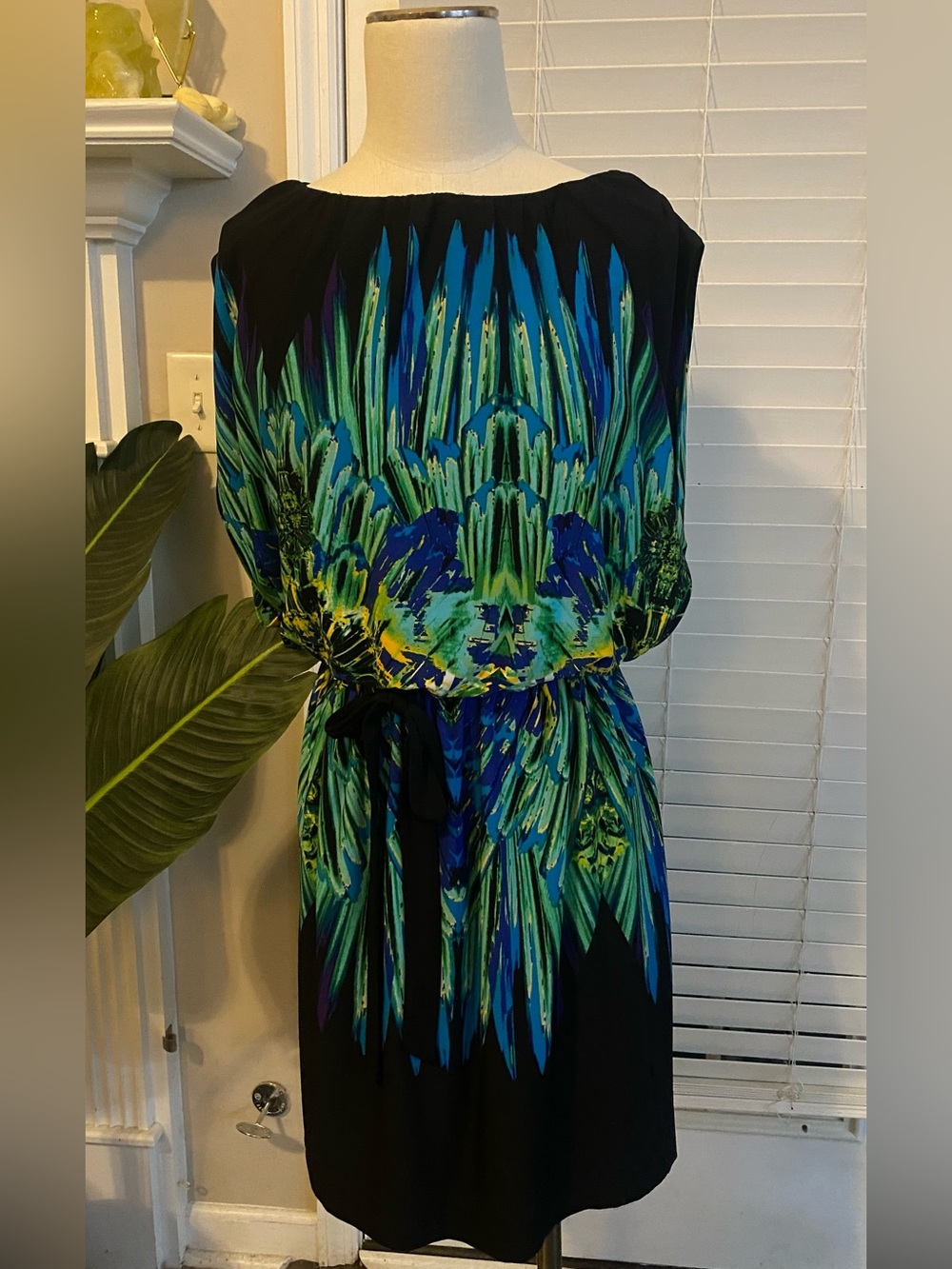 Fenn Wright Manson Black Midi Dress with Blue-Green Abstract Print